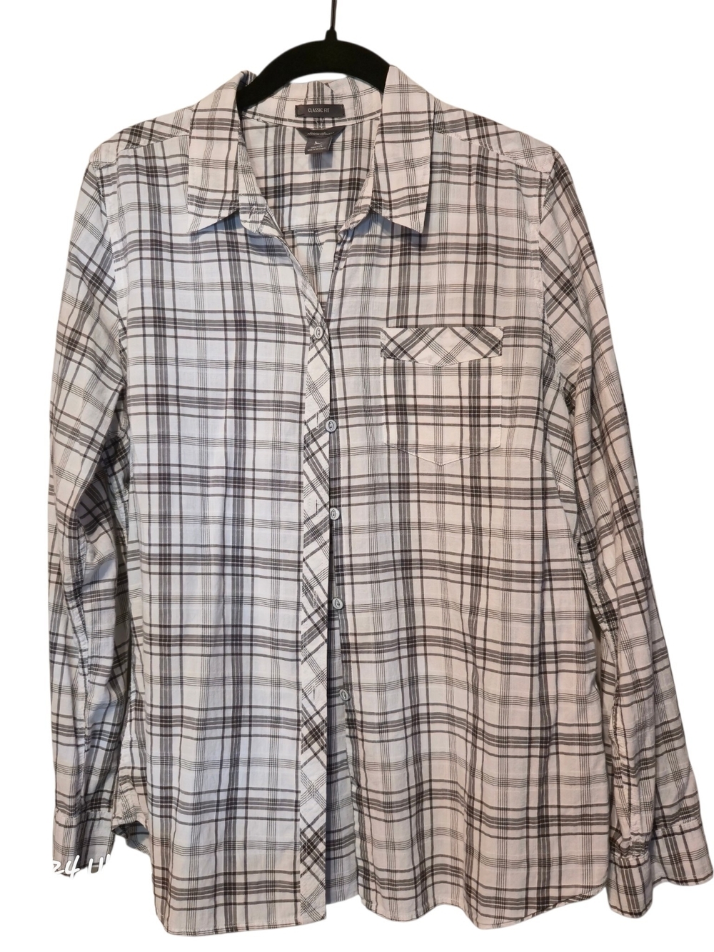 Eddie Bauer White and Gray Plaid Long-Sleeve Button-Down Shirt